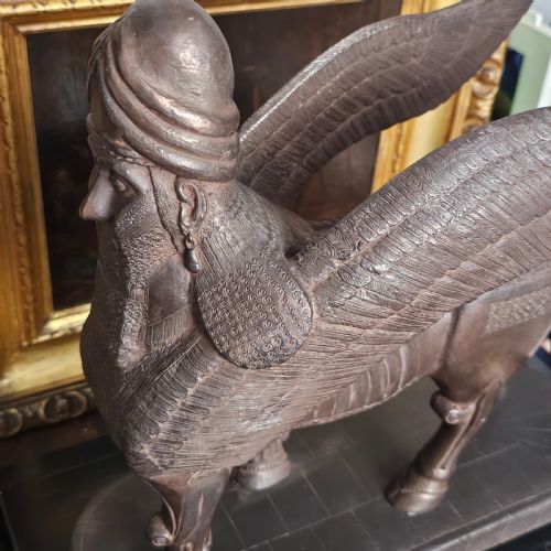 VERY LARGE RARE ANTIQUE BRONZED METAL HUMANHEADED WINGED LION LAMASSU ASSYRIAN C1900 - ADDITIONAL PHOTO 13