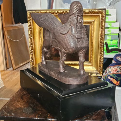 VERY LARGE RARE ANTIQUE BRONZED METAL HUMANHEADED WINGED LION LAMASSU ASSYRIAN C1900 - ADDITIONAL PHOTO 20