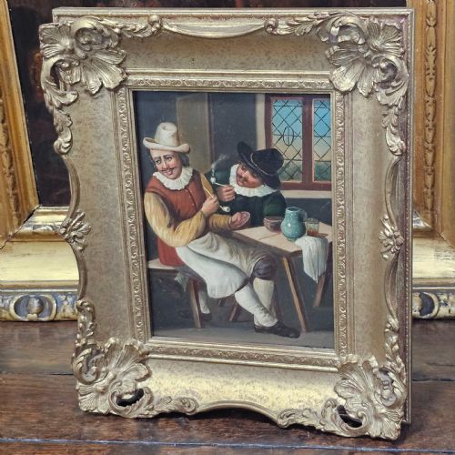 fine 19thc oil painting on coppertin inn scene - CATEGORY: ANTIQUE ART - DATED 19TH CENTURY