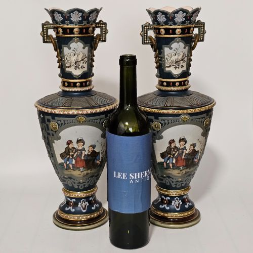 HUGE GERMAN METTLACH VINTAGE VICTORIAN ANTIQUE PR VASES 40CM - ADDITIONAL PHOTO 1