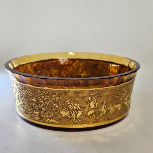 ANTIQUE MOSER KARLSBAD AMBER CIRCULAR DISH ETCHED GILDED BAND WITH FACETED RIM - ADDITIONAL PHOTO 2