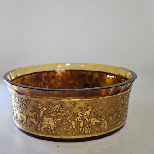 ANTIQUE MOSER KARLSBAD AMBER CIRCULAR DISH ETCHED GILDED BAND WITH FACETED RIM - ADDITIONAL PHOTO 4