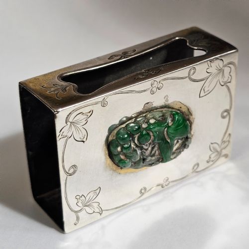 FINE RARE EDWARD I FARMER STERLING SILVER MATCHBOX HOLDER WITH JADE PLAQUE - ADDITIONAL PHOTO 1