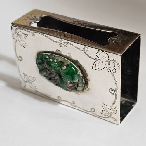 FINE RARE EDWARD I FARMER STERLING SILVER MATCHBOX HOLDER WITH JADE PLAQUE - ADDITIONAL PHOTO 2
