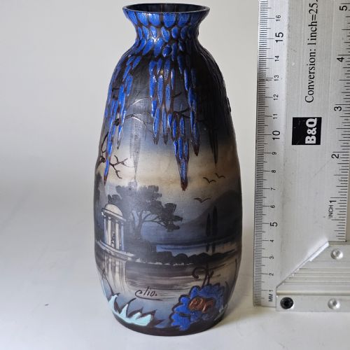 BEAUTIFUL FRENCH ART NOUVEAU CAMEO GLASS ENAMELLED VASE SIGNED CLIO C1920 - ADDITIONAL PHOTO 1
