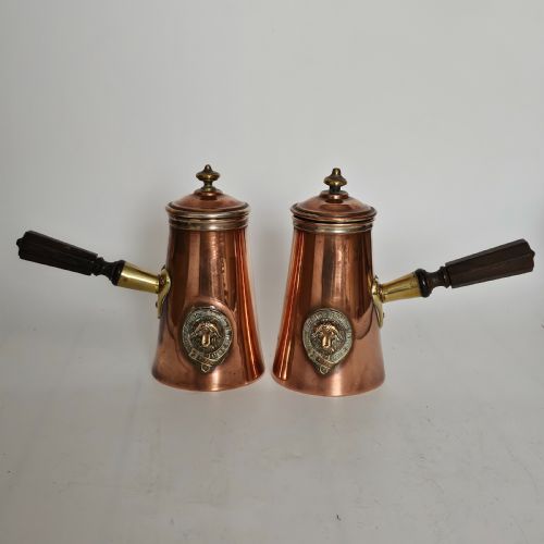 antique pair of copper chocolate pots with applied brass motifsno man is at all times wise - CATEGORY: ANTIQUE METAL - DATED 1900