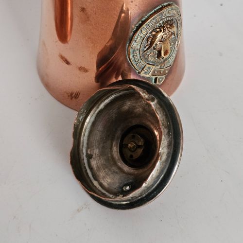 ANTIQUE PAIR OF COPPER CHOCOLATE POTS WITH APPLIED BRASS MOTIFSNO MAN IS AT ALL TIMES WISE - ADDITIONAL PHOTO 11