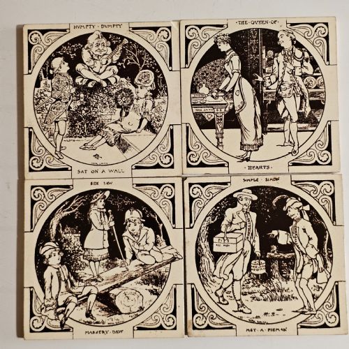 set 4 x antique minton hollins co nursery rhyme tiles - CATEGORY: ANTIQUE CERAMICS - DATED 1890