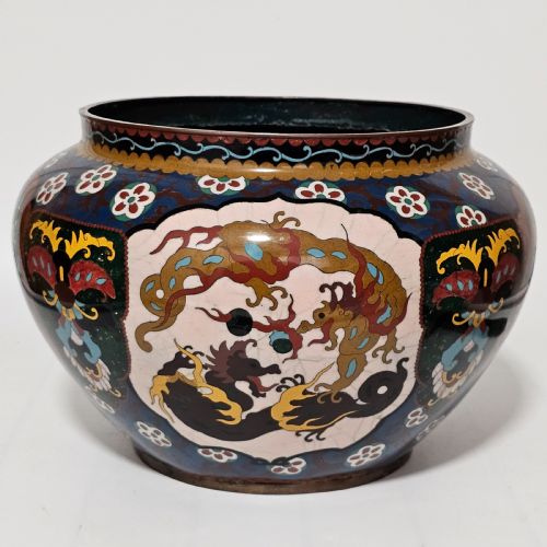 large vintage chinese cloisonne jardinere serpent and dragon motif fancy floral border design - CATEGORY: ANTIQUE METAL - DATED 1900