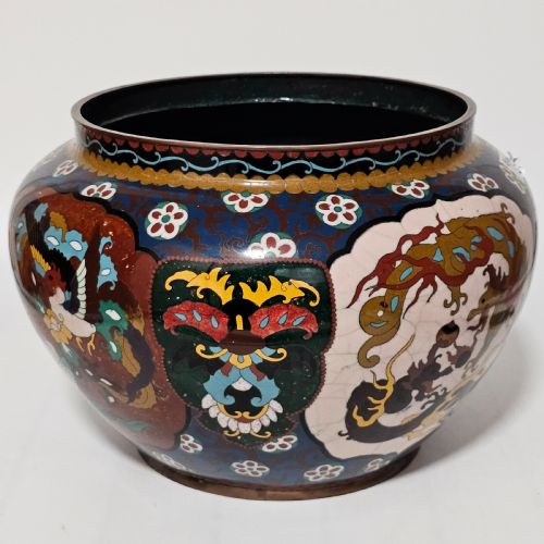 LARGE VINTAGE CHINESE CLOISONNE JARDINERE SERPENT AND DRAGON MOTIF FANCY FLORAL BORDER DESIGN - ADDITIONAL PHOTO 2