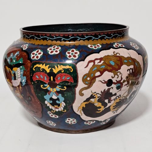 LARGE VINTAGE CHINESE CLOISONNE JARDINERE SERPENT AND DRAGON MOTIF FANCY FLORAL BORDER DESIGN - ADDITIONAL PHOTO 4