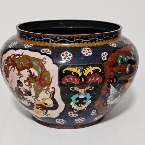 LARGE VINTAGE CHINESE CLOISONNE JARDINERE SERPENT AND DRAGON MOTIF FANCY FLORAL BORDER DESIGN - ADDITIONAL PHOTO 9
