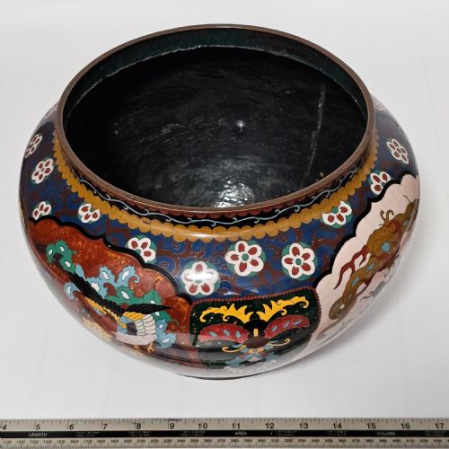 LARGE VINTAGE CHINESE CLOISONNE JARDINERE SERPENT AND DRAGON MOTIF FANCY FLORAL BORDER DESIGN - ADDITIONAL PHOTO 15