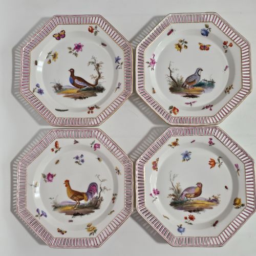 four antique kpm berlin porcelain octagonal fretted painted plates - CATEGORY: ANTIQUE PLATES - DATED 19TH CENTURY