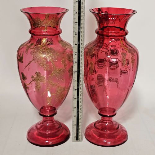 fig 1. Pair of Large (36 cm) Antique Bohemian Cranberry Glass Vases with Gilded Accents, c.1910
