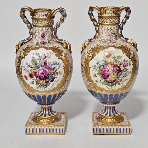 stunning pair of regency derby style handpainted porcelain vases c18101825 - CATEGORY: ANTIQUE VASES - DATED 1800