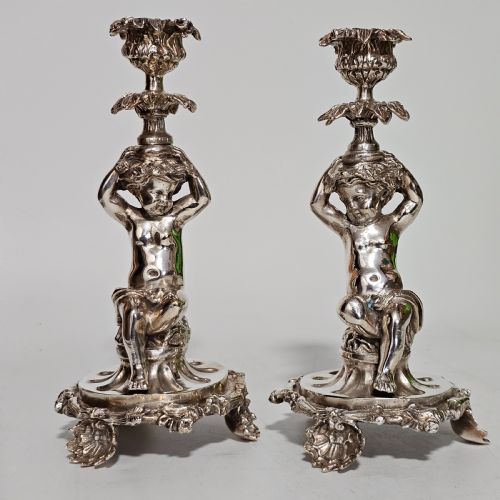 Fine Quality Antique Silver Plated Pair of Cherub/putti Candlesticks