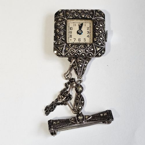 VINTAGE STERLING SILVER MARCASITE VINTAGE NURSES WATCH BROOCH WORKING - ADDITIONAL PHOTO 1