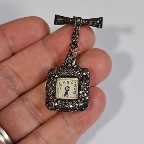 VINTAGE STERLING SILVER MARCASITE VINTAGE NURSES WATCH BROOCH WORKING - ADDITIONAL PHOTO 3