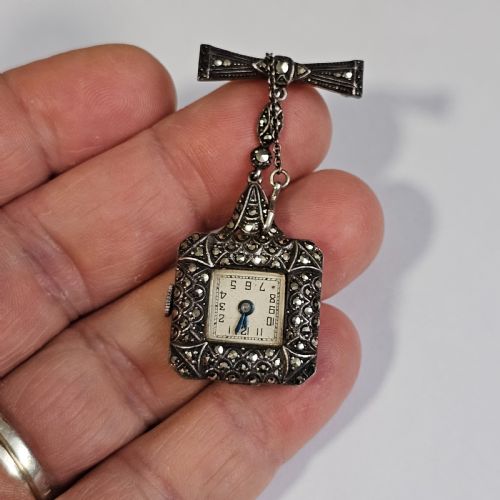 VINTAGE STERLING SILVER MARCASITE VINTAGE NURSES WATCH BROOCH WORKING - ADDITIONAL PHOTO 4