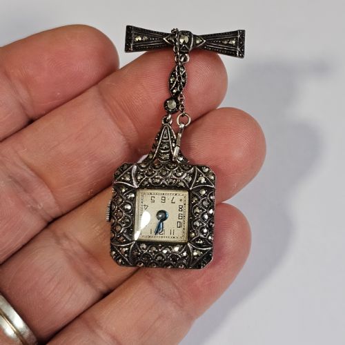 VINTAGE STERLING SILVER MARCASITE VINTAGE NURSES WATCH BROOCH WORKING - ADDITIONAL PHOTO 10