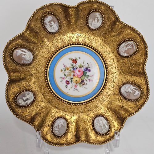 striking 19thc sevres mounted gilt brass dish surrounded by antique cameos - CATEGORY: ANTIQUE CERAMICS - DATED 19TH CENTURY