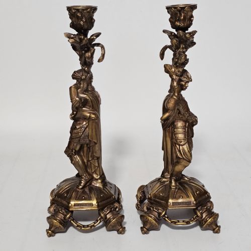 ATTRACTIVE 19THC PR OF GILDED BRONZE CANDLESTICKS MODELLED AS KNIGHTS - ADDITIONAL PHOTO 1