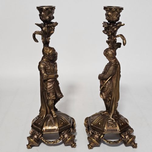 ATTRACTIVE 19THC PR OF GILDED BRONZE CANDLESTICKS MODELLED AS KNIGHTS - ADDITIONAL PHOTO 2