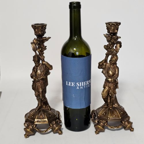 ATTRACTIVE 19THC PR OF GILDED BRONZE CANDLESTICKS MODELLED AS KNIGHTS - ADDITIONAL PHOTO 8