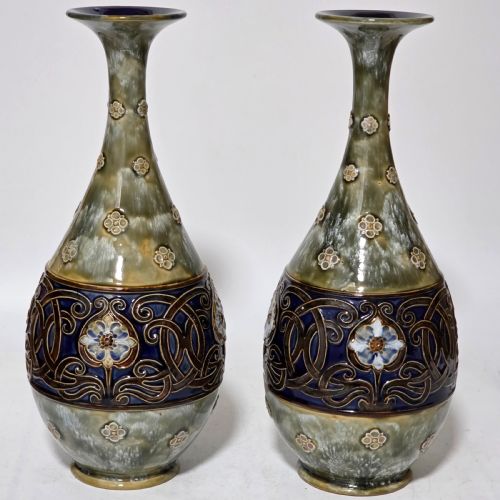 LARGE PAIR OF ROYAL DOULTON STONEWARE ART NOUVEAU VASES NO6114 BY MB C1905 - ADDITIONAL PHOTO 4