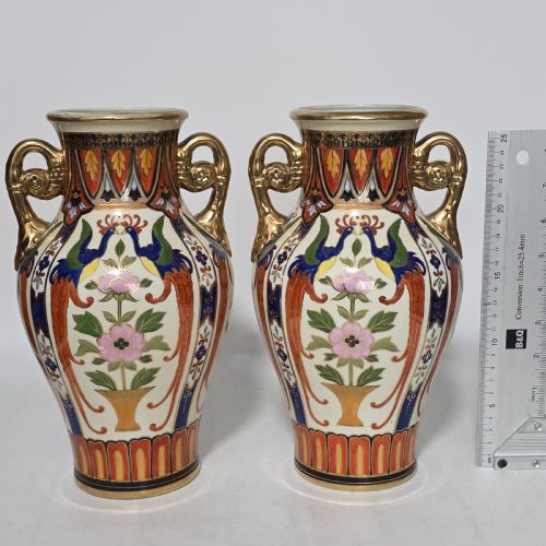 LARGE DECORATIVE PAIR OF TWINHANDLED NORITAKE JAPANESE VASES C1910 - ADDITIONAL PHOTO 3