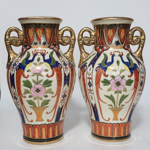 LARGE DECORATIVE PAIR OF TWINHANDLED NORITAKE JAPANESE VASES C1910 - ADDITIONAL PHOTO 9