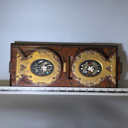 ELEGANT 19TH CENTURY BETJEMANNS WALNUT BOOK SLIDE WITH PIETRA DURA FLORAL PANELS - ADDITIONAL PHOTO 14