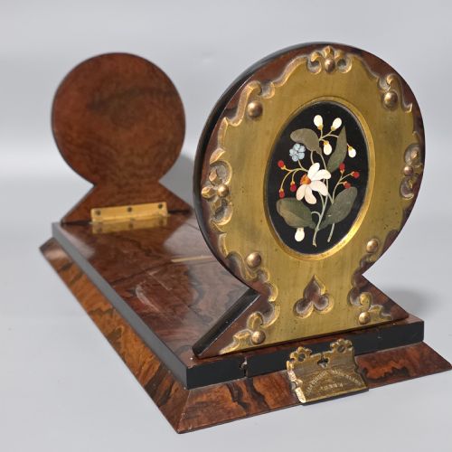 ELEGANT 19TH CENTURY BETJEMANNS WALNUT BOOK SLIDE WITH PIETRA DURA FLORAL PANELS - ADDITIONAL PHOTO 16