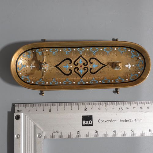 VERY ATTRACTIVE ANTIQUE FRENCH CHAMPLEV ENAMEL AND DESK BRASS PEN TRAY - ADDITIONAL PHOTO 2