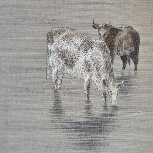 FINE RARE CHINESE SILK EMBROIDERED CATTLE SCENE FRAMED C1890 - ADDITIONAL PHOTO 6