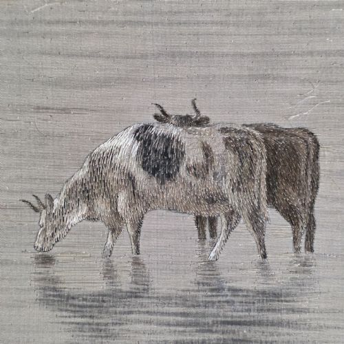 FINE RARE CHINESE SILK EMBROIDERED CATTLE SCENE FRAMED C1890 - ADDITIONAL PHOTO 8