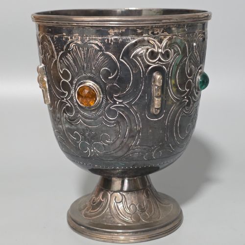 FABULOUS ANTIQUE LARGE 553G SPANISH SILVER ENGRAVED BOWL IN SET WITH STONES 553GM - ADDITIONAL PHOTO 1