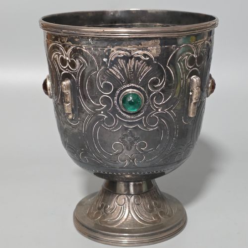 FABULOUS ANTIQUE LARGE 553G SPANISH SILVER ENGRAVED BOWL IN SET WITH STONES 553GM - ADDITIONAL PHOTO 2