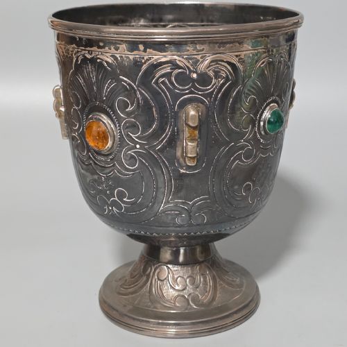 FABULOUS ANTIQUE LARGE 553G SPANISH SILVER ENGRAVED BOWL IN SET WITH STONES 553GM - ADDITIONAL PHOTO 4
