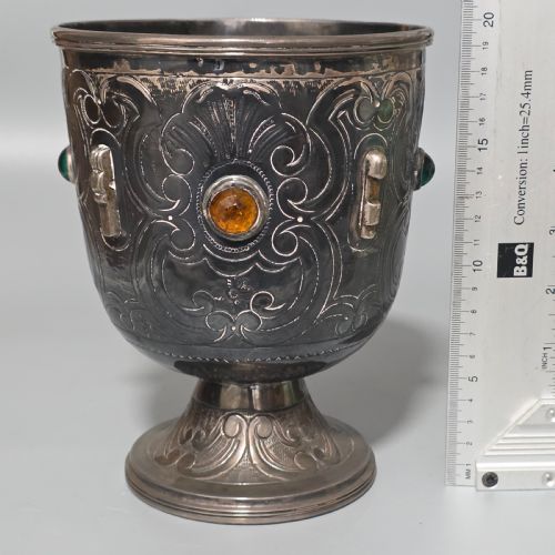 FABULOUS ANTIQUE LARGE 553G SPANISH SILVER ENGRAVED BOWL IN SET WITH STONES 553GM - ADDITIONAL PHOTO 9