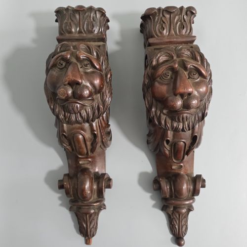 pair of antique carved wooden lion brackets shelf supports large architectural corbels circa 1900 45cm - CATEGORY: ANTIQUE MISCELLANEOUS - DATED 1900