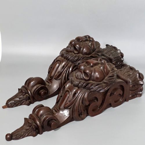 PAIR OF ANTIQUE CARVED WOODEN LION BRACKETS SHELF SUPPORTS LARGE ARCHITECTURAL CORBELS CIRCA 1900 45CM - ADDITIONAL PHOTO 18