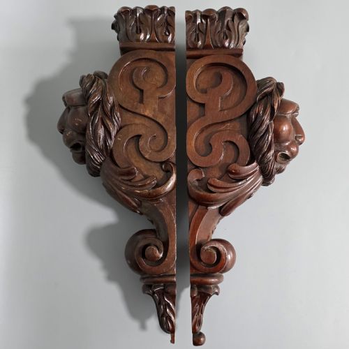 PAIR OF ANTIQUE CARVED WOODEN LION BRACKETS SHELF SUPPORTS LARGE ARCHITECTURAL CORBELS CIRCA 1900 45CM - ADDITIONAL PHOTO 20