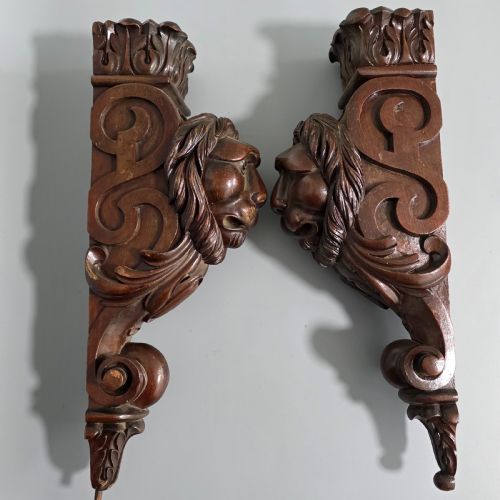 PAIR OF ANTIQUE CARVED WOODEN LION BRACKETS SHELF SUPPORTS LARGE ARCHITECTURAL CORBELS CIRCA 1900 45CM - ADDITIONAL PHOTO 21