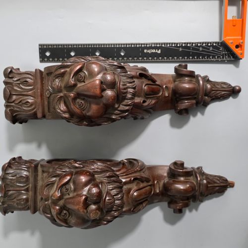 PAIR OF ANTIQUE CARVED WOODEN LION BRACKETS SHELF SUPPORTS LARGE ARCHITECTURAL CORBELS CIRCA 1900 45CM - ADDITIONAL PHOTO 24