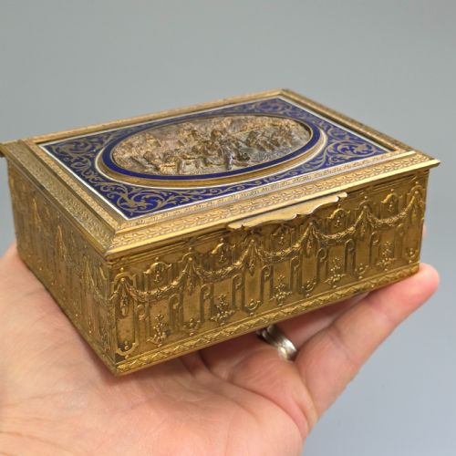 ANTIQUE FRENCH GILT BRASS BLUE ENAMEL BOX DECORATIVE TRINKET HUMIDOR LATE 19TH CENTURY - ADDITIONAL PHOTO 1