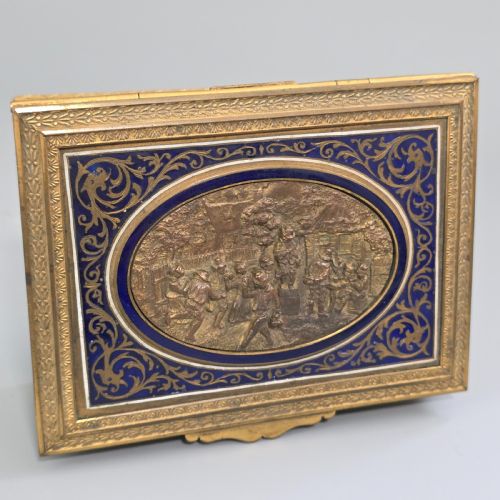 ANTIQUE FRENCH GILT BRASS BLUE ENAMEL BOX DECORATIVE TRINKET HUMIDOR LATE 19TH CENTURY - ADDITIONAL PHOTO 2