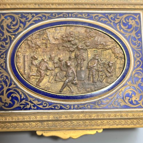 ANTIQUE FRENCH GILT BRASS BLUE ENAMEL BOX DECORATIVE TRINKET HUMIDOR LATE 19TH CENTURY - ADDITIONAL PHOTO 3