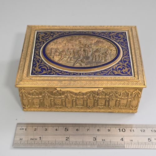 ANTIQUE FRENCH GILT BRASS BLUE ENAMEL BOX DECORATIVE TRINKET HUMIDOR LATE 19TH CENTURY - ADDITIONAL PHOTO 4